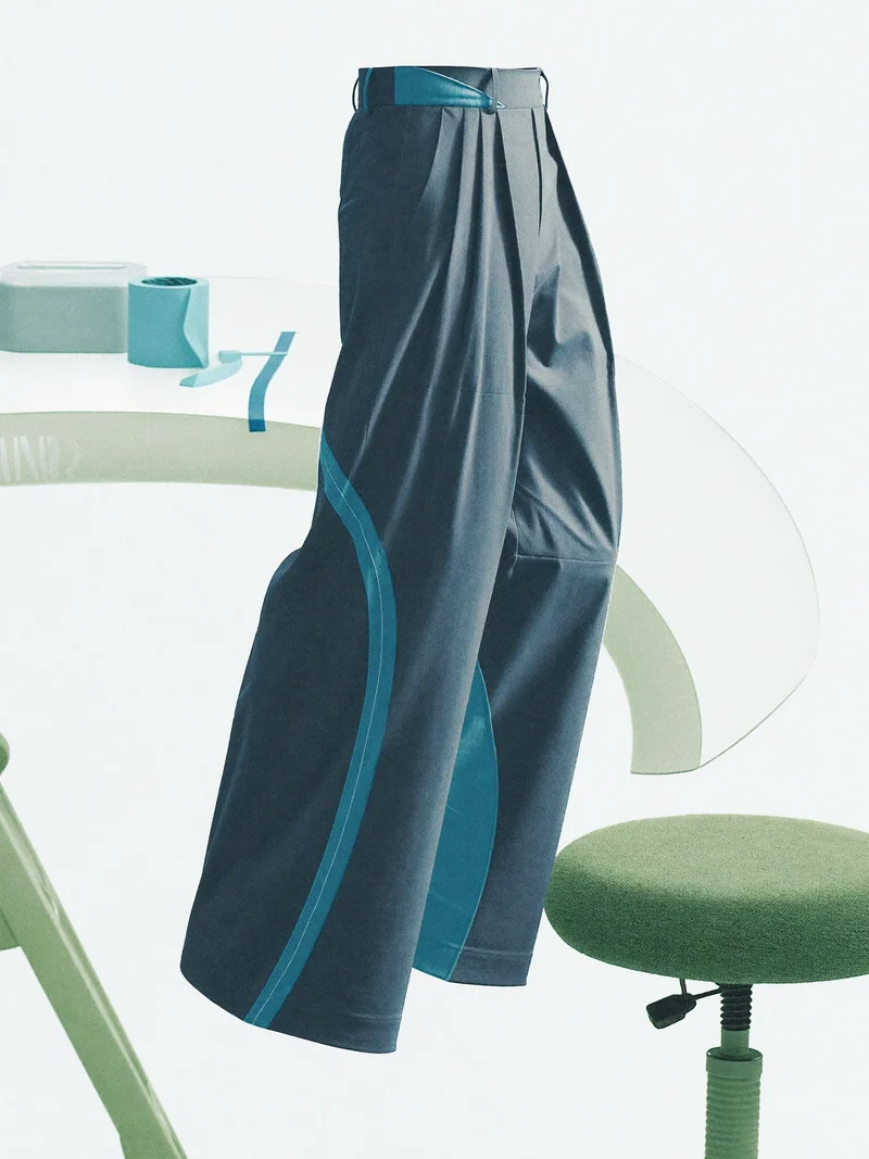 Koncept širokých plisovaných kalhot se zakřivenými švy, ilustrace
